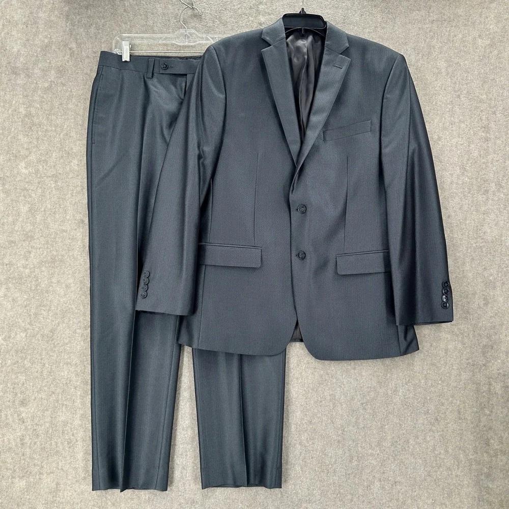 Calvin Klein Shiny Charcoal Herringbone Full Suit Jacket 40R Pants 32X30‎